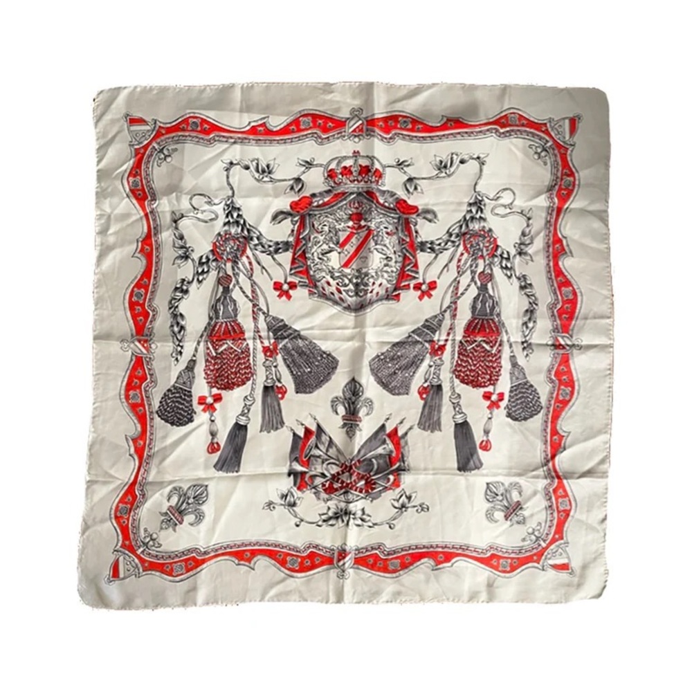 Vintage 1990s Heraldry Coat of Arms Tassel Grey Preppy Dark Academia Silk Scarf